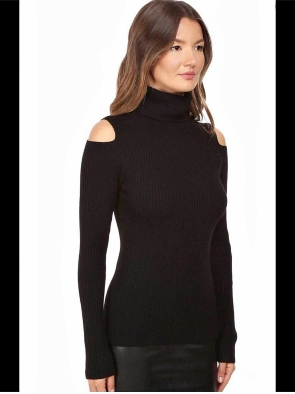 Theory Jemliss Evian Stretch Cold Shoulder Turtleneck Sweater Black Cold